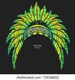 Native American Indian colored chief. Green and yellow roach. Indian feather headdress of eagle.