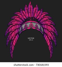 Native American Indian colored chief. Red and black roach. Indian feather headdress of eagle.