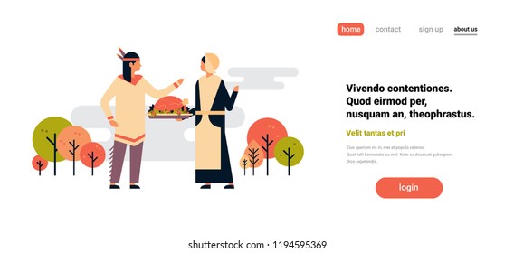 native american indian couple celebrating thanksgiving day concept woman holding turkey man lady communication cartoon character full length isolated flat horizontal copy space vector illustration