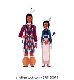 Native American Indian couple in national clothes, wearing tribal fringed shirts, cartoon vector illustration isolated on white background.  