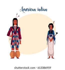 Native American Indian couple in national clothes, wearing tribal fringed shirts, cartoon vector illustration with place for text. Native American, Indian people in national clothes