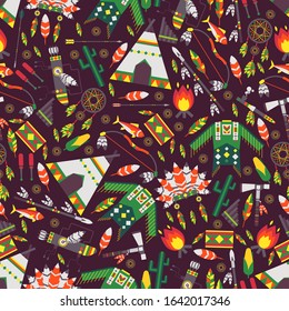 Native American indian culture icons in seamless pattern vector illustration. Collection of ethnic symbols and items flat style. American Indian accessories, teepee, tomahawk, canoe and dream catcher