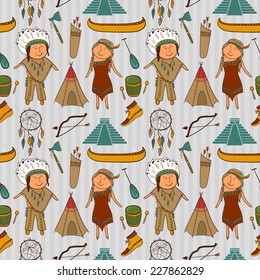 Native American, Indian culture vector seamless pattern in cartoon style