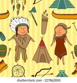 Native American, Indian culture vector seamless pattern in cartoon style