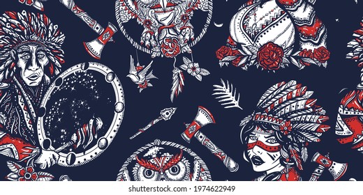 Native American Indian. Dark seamless pattern. Tribal culture and history. Old school tattoo style. Ethnic warrior girl, shamanic female, dream catcher, owl and old cherokee shaman 