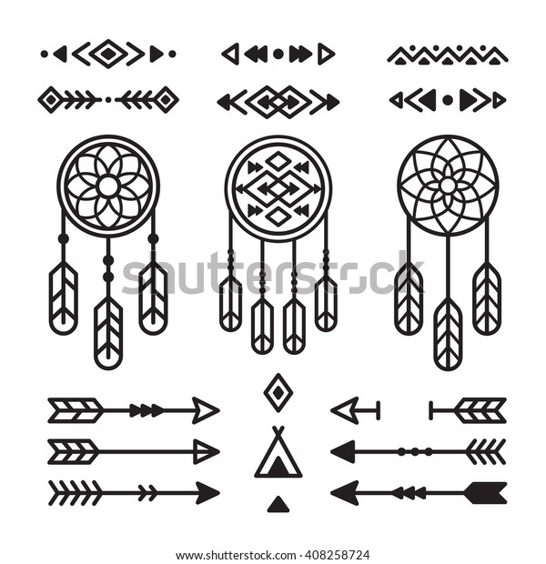 Native American Indian design\
elements set. Borders, arrows, dream catchers, ornaments and other\
symbols. Tribal vector elements in modern geometric\
style.