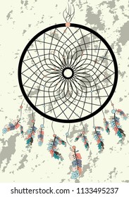 Native american indian dream catcher, traditional symbol. Bright card card with colored feathers and beads on white background.