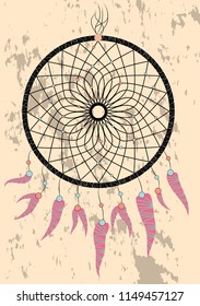 Native american indian dream catcher, traditional symbol. Bright card card with colored feathers and beads on white background.