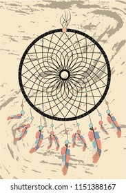 Native american indian dream catcher, traditional symbol. Bright card card with colored feathers and beads on white background.