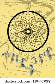 Native american indian dream catcher, traditional symbol. Bright card card with colored feathers and beads on white background.