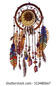 Native american indian dream catcher, traditional symbol. Bright card card with colored feathers and beads on white background.