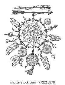  Native american indian dream catcher. Two arrows, feathers and beads. Design for tattoo, T-shirt or coloring book for adults.  Hand drawn sketch vector illustration in boho style isolated on white.