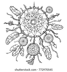 Native american indian dream catcher. Design for tattoo, T-shirt or coloring book for adults.  Hand drawn sketch vector illustration in boho style isolated on white.