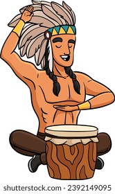 Native American Indian with a Drum Cartoon Clipart