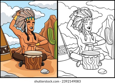 Native American Indian with Drum Illustration