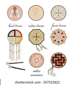 Native American Indian native drums. Musical isolated instrument  icons