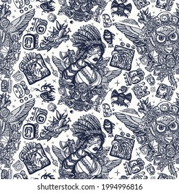 Native American Indian. Ethnic Warrior Girl, Shamanic Female, Dream Catcher, Owl And Old Cherokee Shaman. Seamless Pattern. Tribal Culture And History. Old School Tattoo Style 