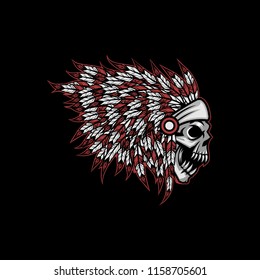  Native American indian feather headdress with human skull vector illustration