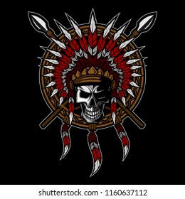 Native American Indian feather headdress with human skull vector illustration in circle ornament