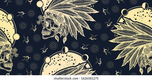 Native American indian feather headdress with human skull . Seamless pattern. Packing old paper, scrapbooking style. Vintage background. Medieval manuscript, engraving art. Warrior symbol 