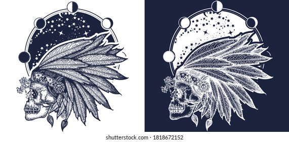 Native American indian feather headdress with human skull t-shirt design. Indian skull tattoo art. Warrior symbol. Black and white vector graphics