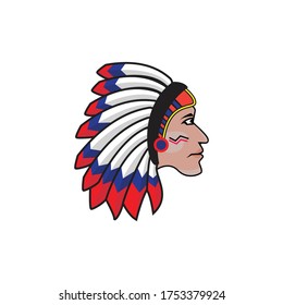 Native american indian in feathered headdress isolated head. Vector tribal chief in feather hat