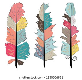 Native american indian feathers. Set of hand drawn rustic decorative feathers.