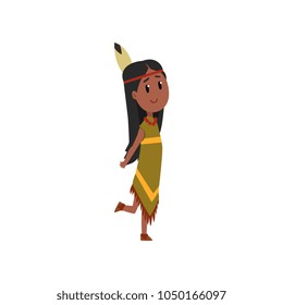Native American Indian girl character in traditional indian dress and headgear holding vector Illustration on a white background