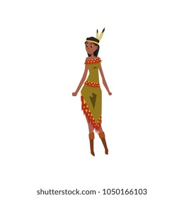 Native American Indian girl character in traditional indian dress holding vector Illustration on a white background