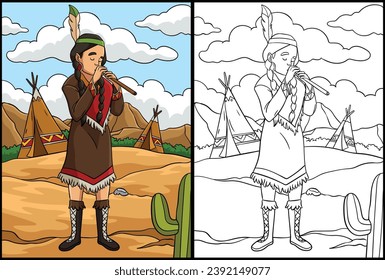 Native American Indian Girl and Flute Illustration