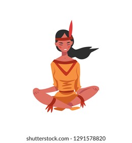 Native American Indian girl sitting with her legs crossed, young woman in traditional ethnic clothes and headband with feather vector Illustration