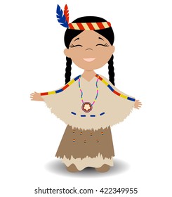 Native American Indian girl. Smiling girl with eyes closed. Vector illustration.