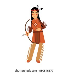 Native american indian girl in traditional costume posing with a bow vector Illustration