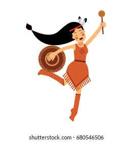 Native american indian girl in traditional costume dancing with tambourine vector Illustration