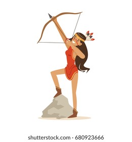 Native american indian girl in traditional red indian dress shooting a bow and arrow vector Illustration