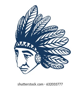 Native American Indian head with war bonnet, feather headdress. Graphic illustration with injun portrait tired sullen look. Wise old man, wrinkle, look from under the brows. Cartoon isolated face.