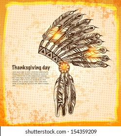 Native American indian headdress with feathers in a sketch style. Hand-drawn card for Thanksgiving day. Vector illustration.