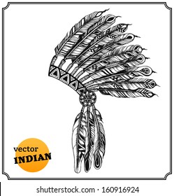 Native American indian headdress with feathers in a sketch style. Hand-drawn card. Vector illustration.