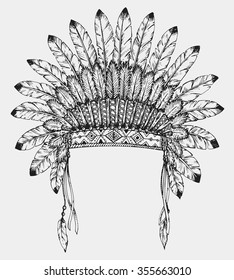 Native American indian headdress with feathers in sketch style. Hand drawn vector illustration