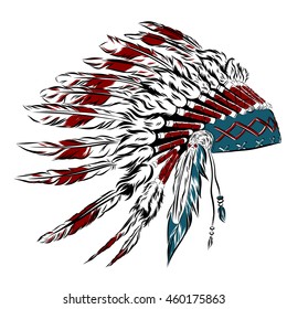 Native American indian headdress with feathers in a sketch style. For Thanksgiving day. Vector illustration.