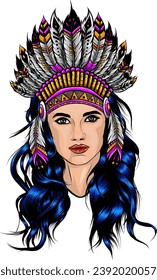 Native American Indian Headdress. Vector Color Illustration Of Indian Tribal Chief Feather Hat