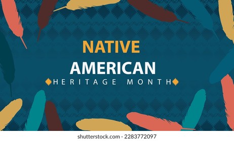 Native American Indian heritage month. Vector banner, poster, card for social media with the text National native American heritage month. Background with a national ornament, a pattern of feathers