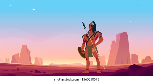 Native American Indian hunter with spear and shield in the desert at dawn. Cartoon, flat style vector illustration