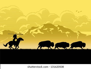 Native American Indian hunting bison on horse at filed with yellow mountains background, vector