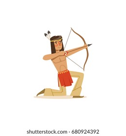 Native american indian kneeling and shooting a bow vector Illustration