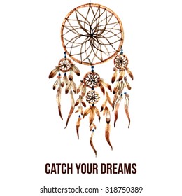 Native american indian magical dreamcatcher with sacred feathers to catch dreams watercolor pictogram icon abstract vector illustration