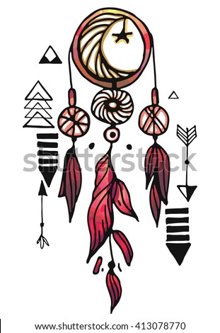 Native american indian magical dreamcatcher with sacred feathers to catch dreams with moon and stars, pictogram icon abstract vector illustration
