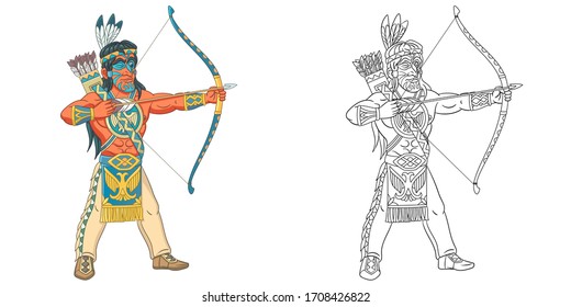 Native American Indian Man. Coloring Page And Colorful Clipart Character. Cartoon Design For T Shirt Print, Icon, Logo, Label, Patch Or Sticker. Vector Illustration.