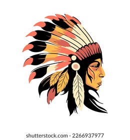 Native American Indian Man Face. Ethnic Peru Aztec Navajo vector portrait with feather decoration