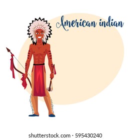 Native American Indian Man In Feather Headdress, Breechcloth And Leather Leggings, Cartoon Vector Illustration With Place For Text.  